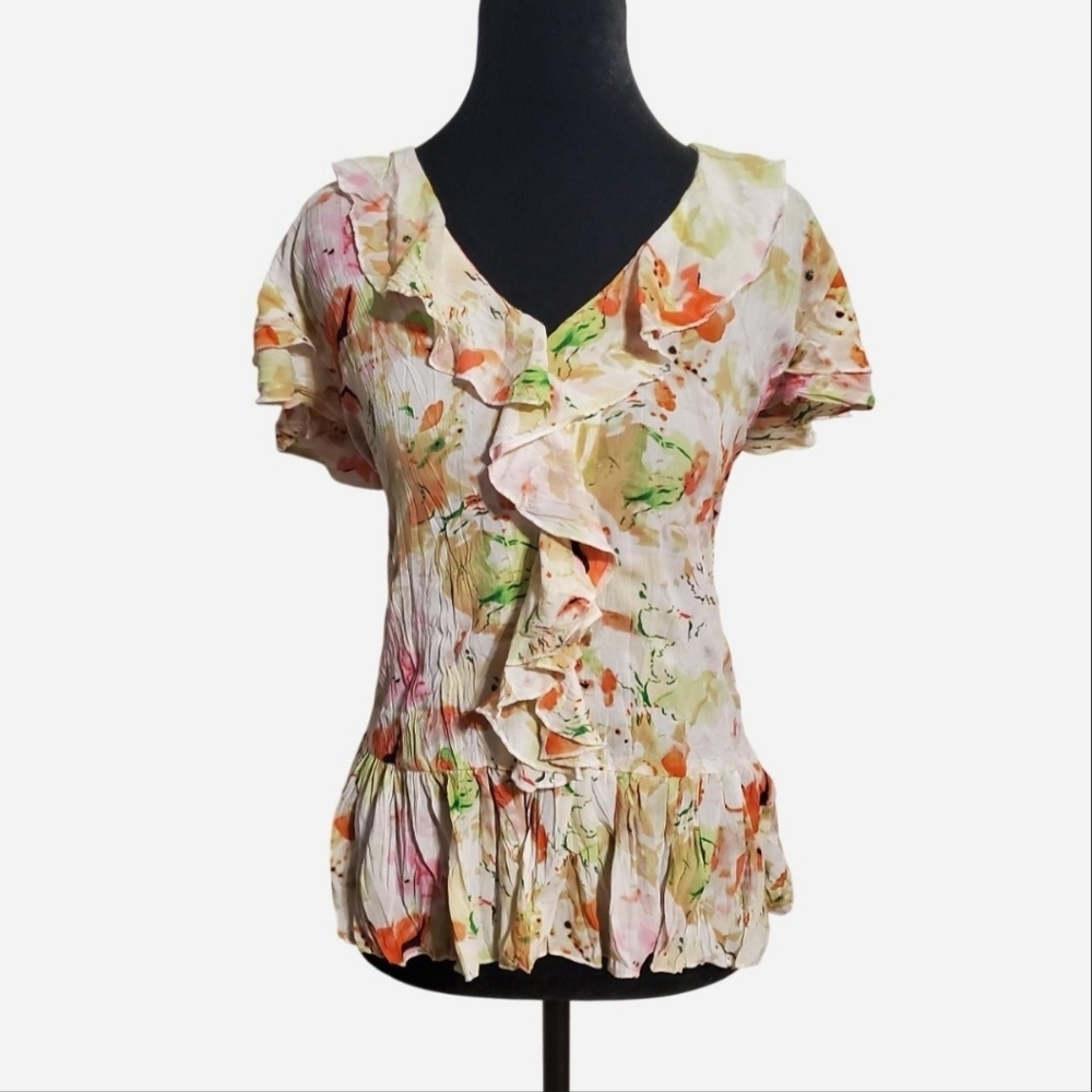 VTG Y2K Belissimo Ruffle water color Top Flutte Sleeve Size L Fairy Peplum Artsy